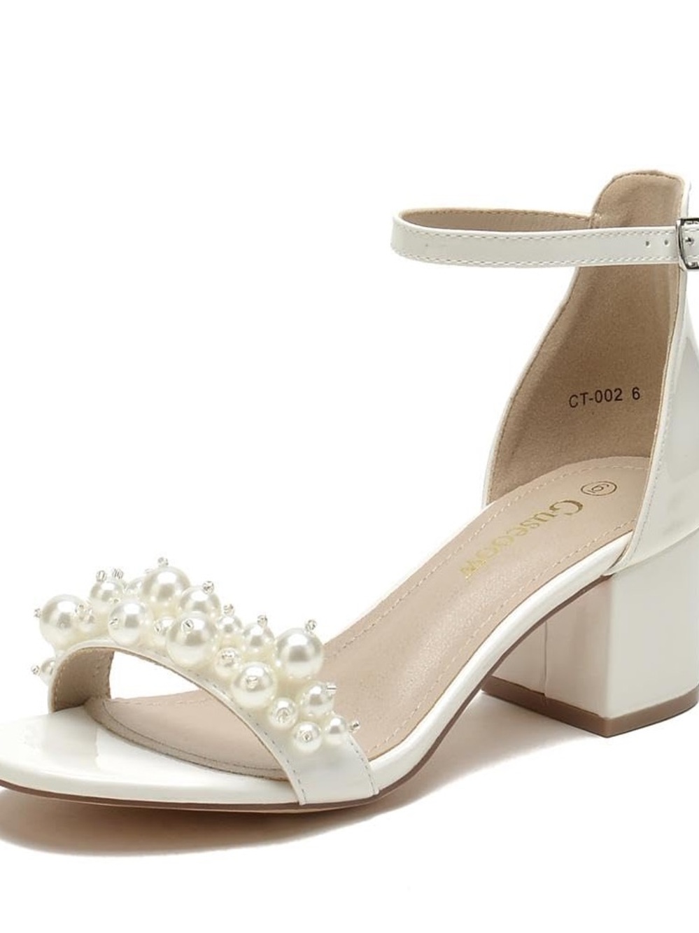 Guseoow Women's Bridal Wedding Shoes Bride Low Block  Heel Pearl Sandals White 6
